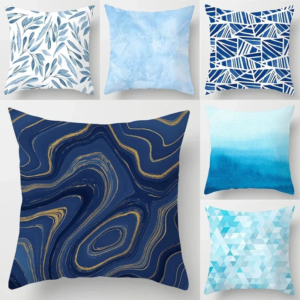 Home Decor Blue Geometric & Leaf Pattern Throw Pillow Covers Pattern Cushion Cover Suitable for Sofa Bedroom Car Pillow Cover
