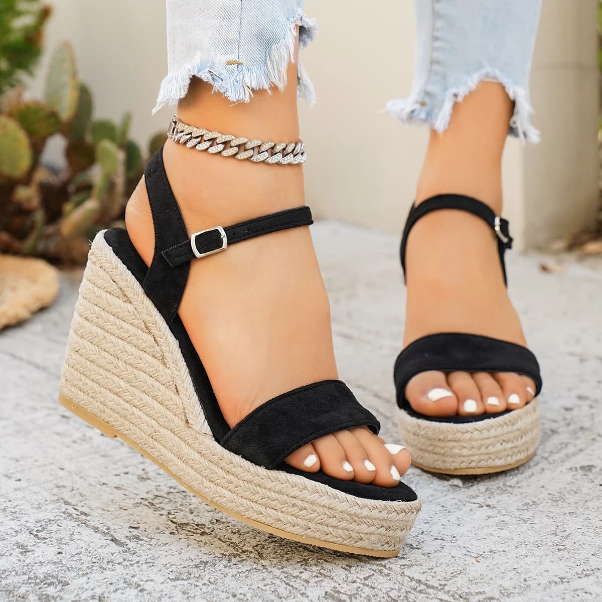 2026 Women Roman Sandals Buckle Thick Heel Rope Slip-On Shoes Spring Summer New Style Versatile Platform Wedge High Heel Shoes