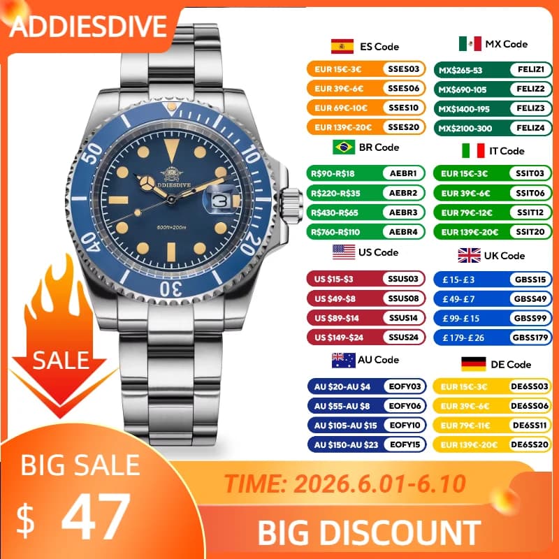ADDIESDIVE NUOVO 41 millimetri Dive Orologio Al Quarzo In Acciaio Inox Calendario Display Orologi 200M Impermeabile C3 Orologi Da Polso Luminosi Per Gli Uomini