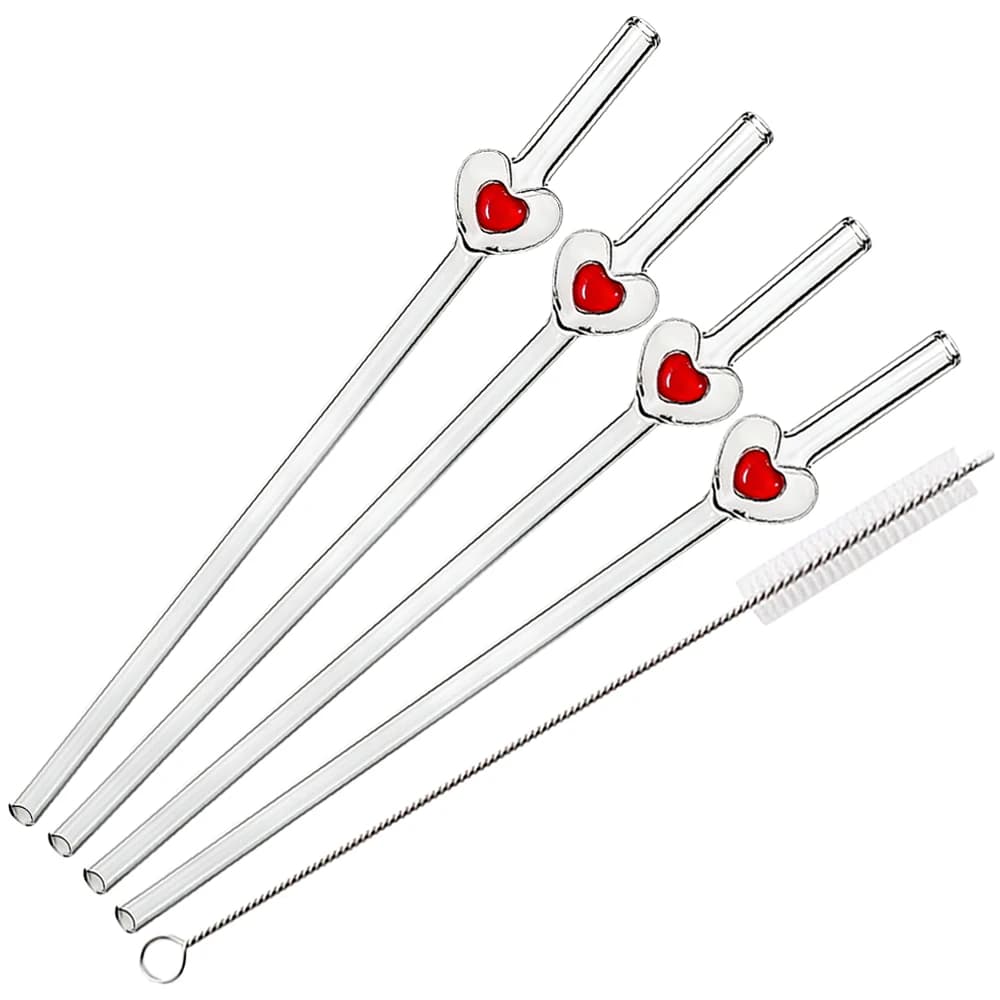 Cannucce riutilizzabili in vetro da 4 pezzi, design a forma di cuore con 1 spazzola per la pulizia, per frullati, milkshake, succhi, regalo di San Valentino