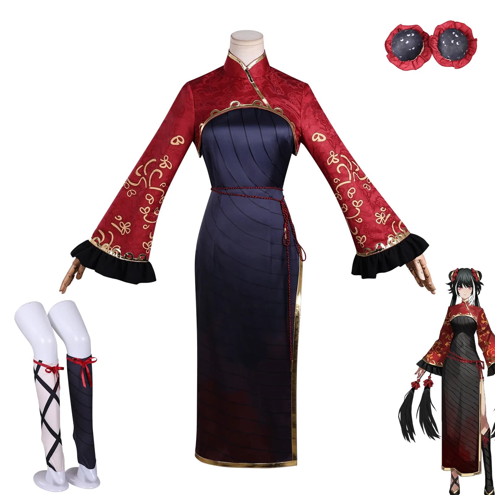 Nuovo Limbus Company ‌ Costume da Cosplay Jia Xichun con Parrucca, Calze e Copricapo, Abito Cheongsam Rosso Sexy per Halloween, Carnevale e Feste, Abbigliamento Femminile
