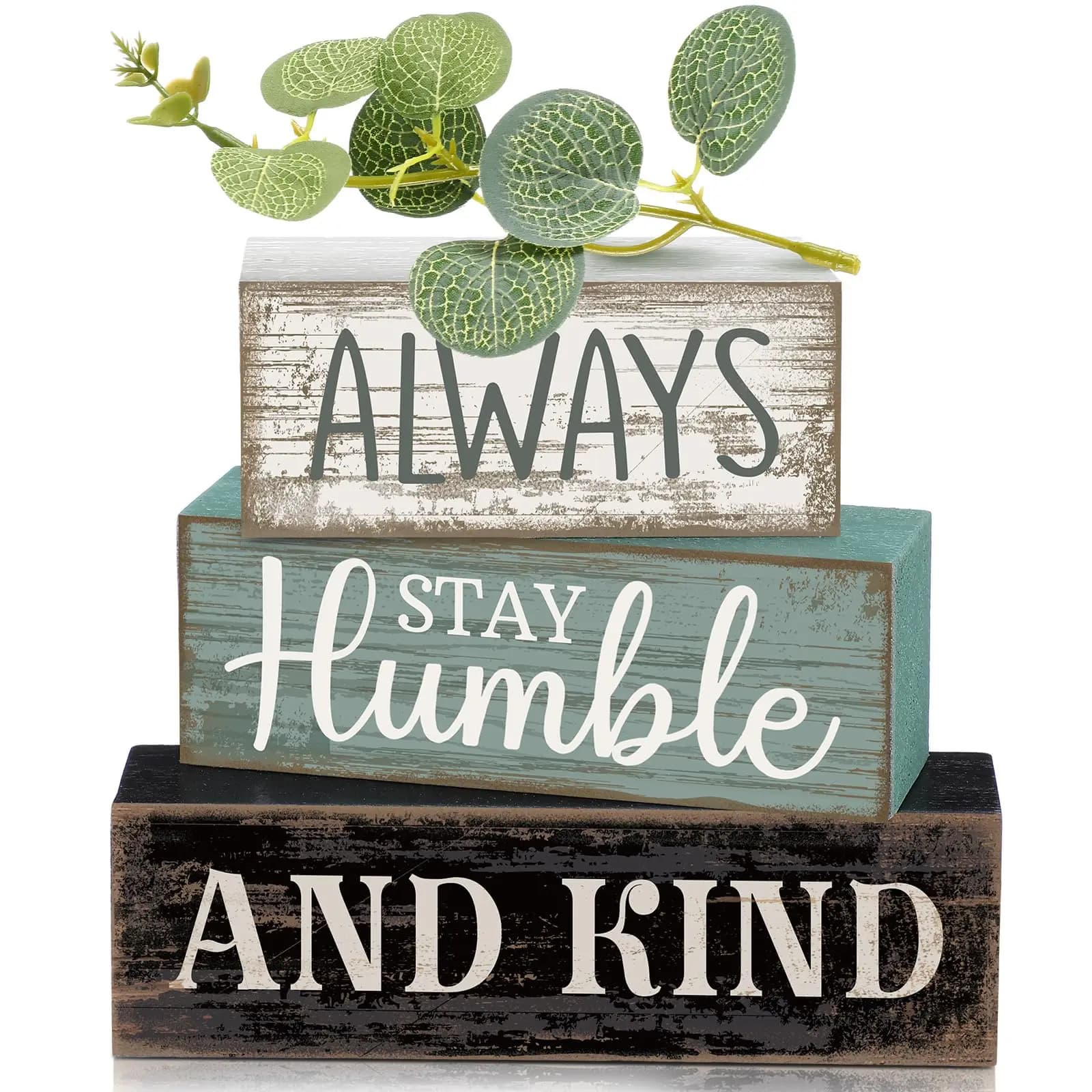 4 Pcs Inspirational Farmhouse Table Decor Always Stay Humble and Kind Stacked Wooden Block Signs with Inspirational Quote Eucalyptus Leaves for Home, Living Room, Shelf Housewarming Gift