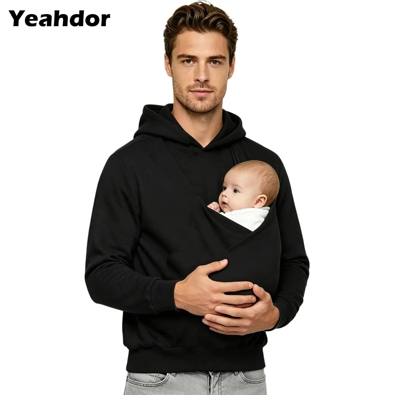 Men Casual Outing Travel Kangaroo Hoodie Dad And Baby Carrier Hooded Sweatshirt Hooded Pullover Top with Front Large Pouch