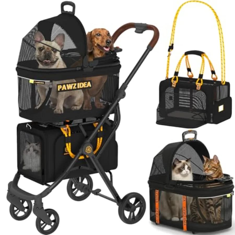 Passeggino Doppio per Animali Domestici PAWZIDEA con 2 Trasportini Staccabili, Gabbia da Viaggio Leggera e Portatile e Combo Seggiolino Auto Approvato TSA