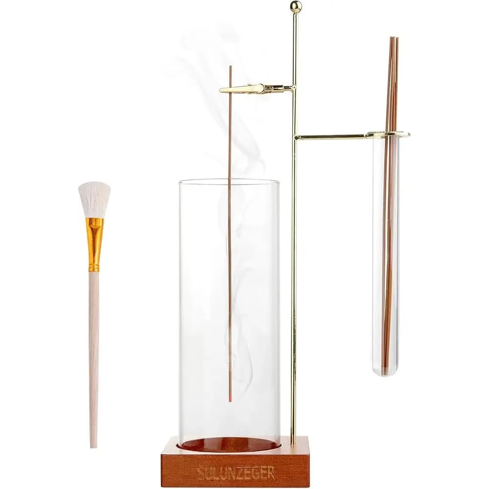 Bruciatore di incenso in vetro con raccoglitore di cenere rimovibile e porta bastoncini, porta coni in legno con spazzola, ideale per yoga, spa, meditazione