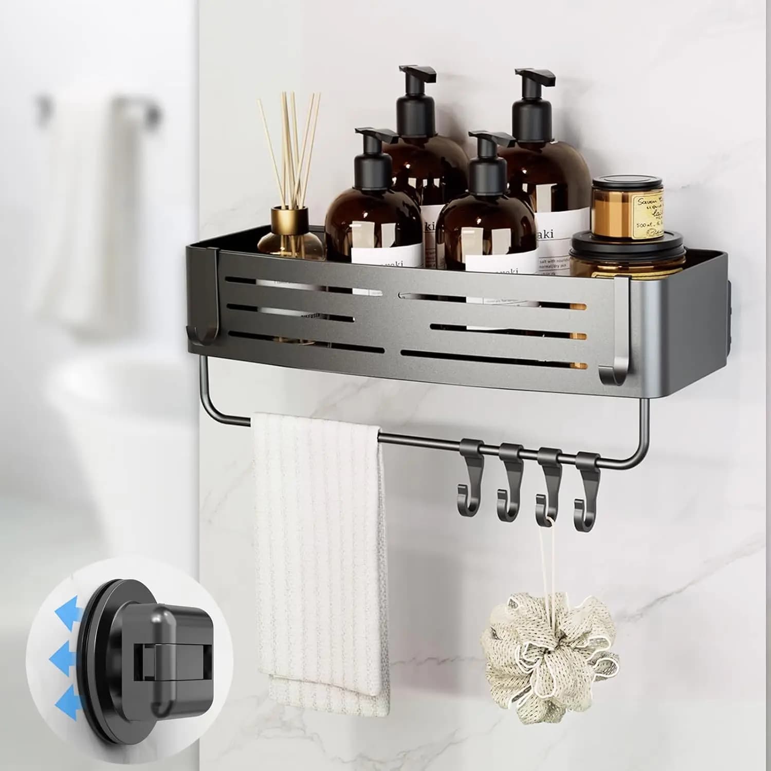 Portaoggetti da doccia senza foratura con ventosa, 6 ganci e portasciugamani per l'organizzazione del bagno in grigio