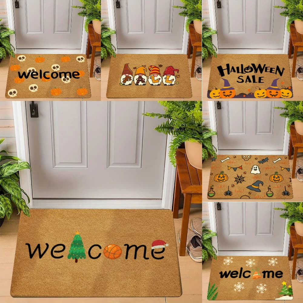 1 christmas carpet for welcome door, anti-slip carpet with quote of ghost skeleton for entrance door, living room, bedroom, kitchen