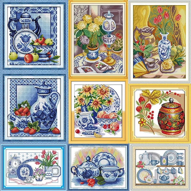 Porcellana e fiori Collezione Still Life Kit punto croce stampato 14CT 11CT Tessuto su tela bianca Ricamo Set artigianale per cucire