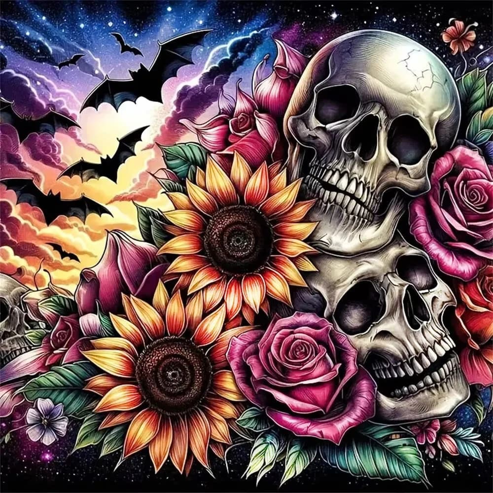 5D DIY Gothic Skull Pink Rose Sunflower Bat Starry Sunset Sky Dark Art Diamond Painting For Home Wall Decor Gift