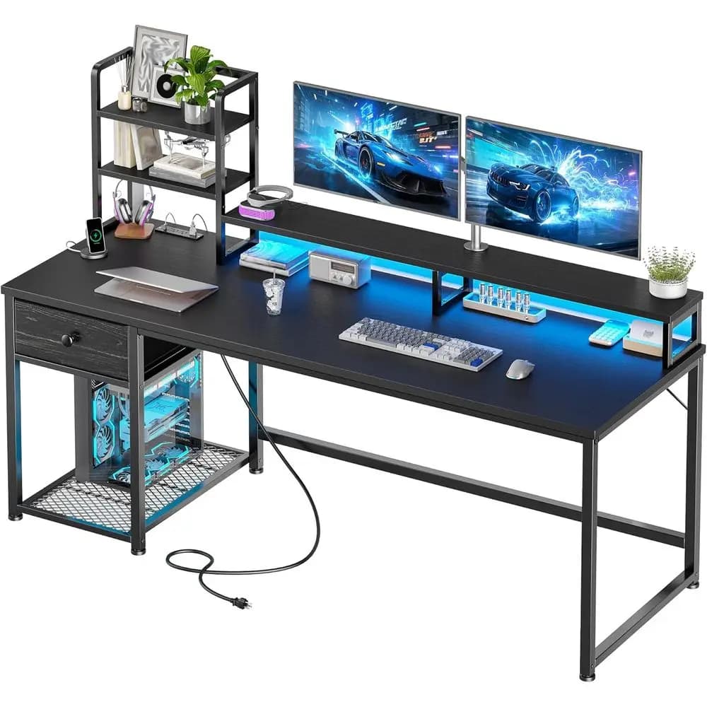 55 Gaming Desk with Hutch, Reversible Monitor Stand, USB Outlets, LED-lit Black Office Desk