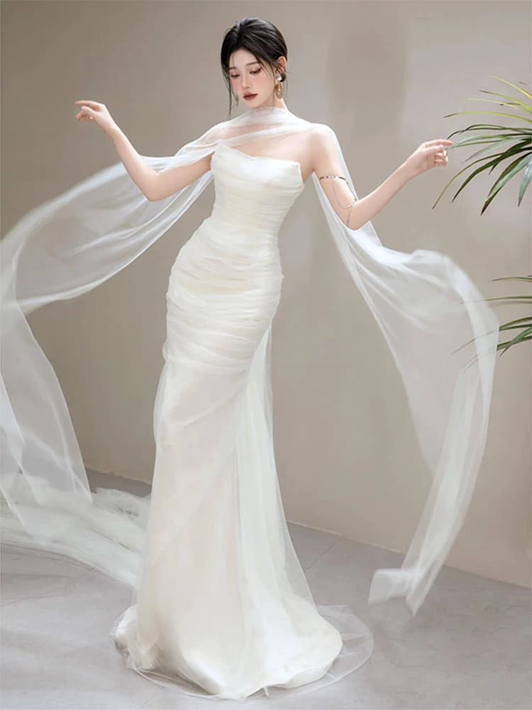 Elegant White Off-Shoulder Fish-Tail Wedding Dress for Engagement And Bridal Photoshoot Simple Yet Stylish Bridal Gown