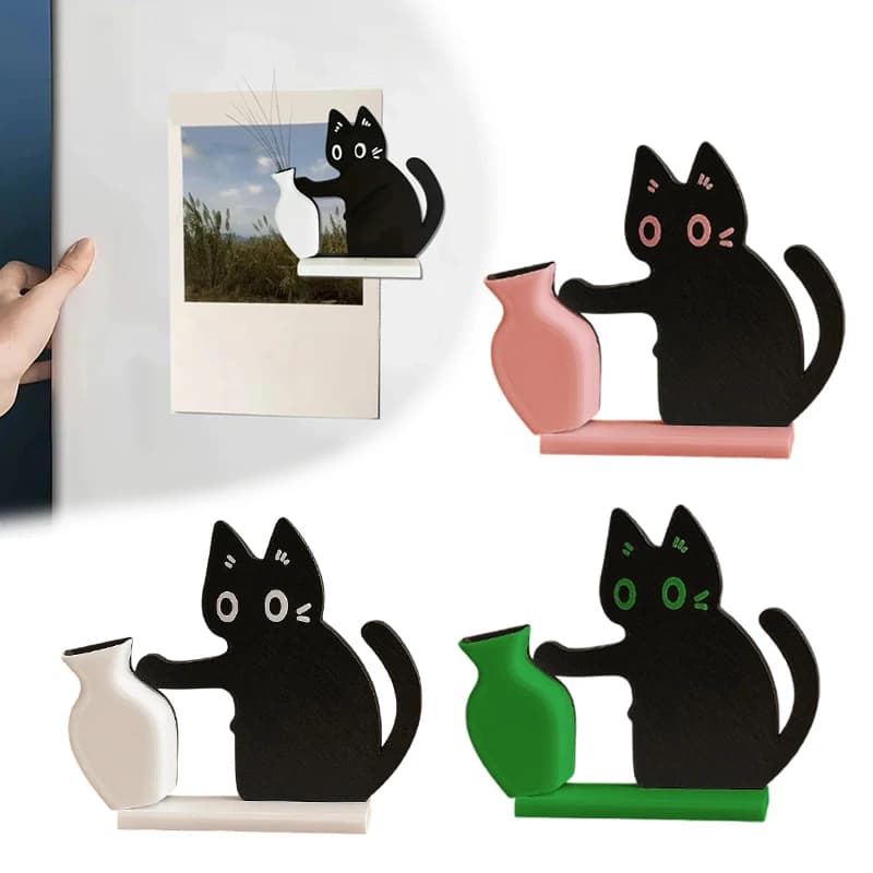 Gatto Nero che Spinge il Vaso - Decorazione, Collezione Barba di Gatto e Scatola Commemorativa, Magnete da Frigo, Decorazione per Casa e Ufficio, Regalo Perfetto per gli Amanti dei Gatti
