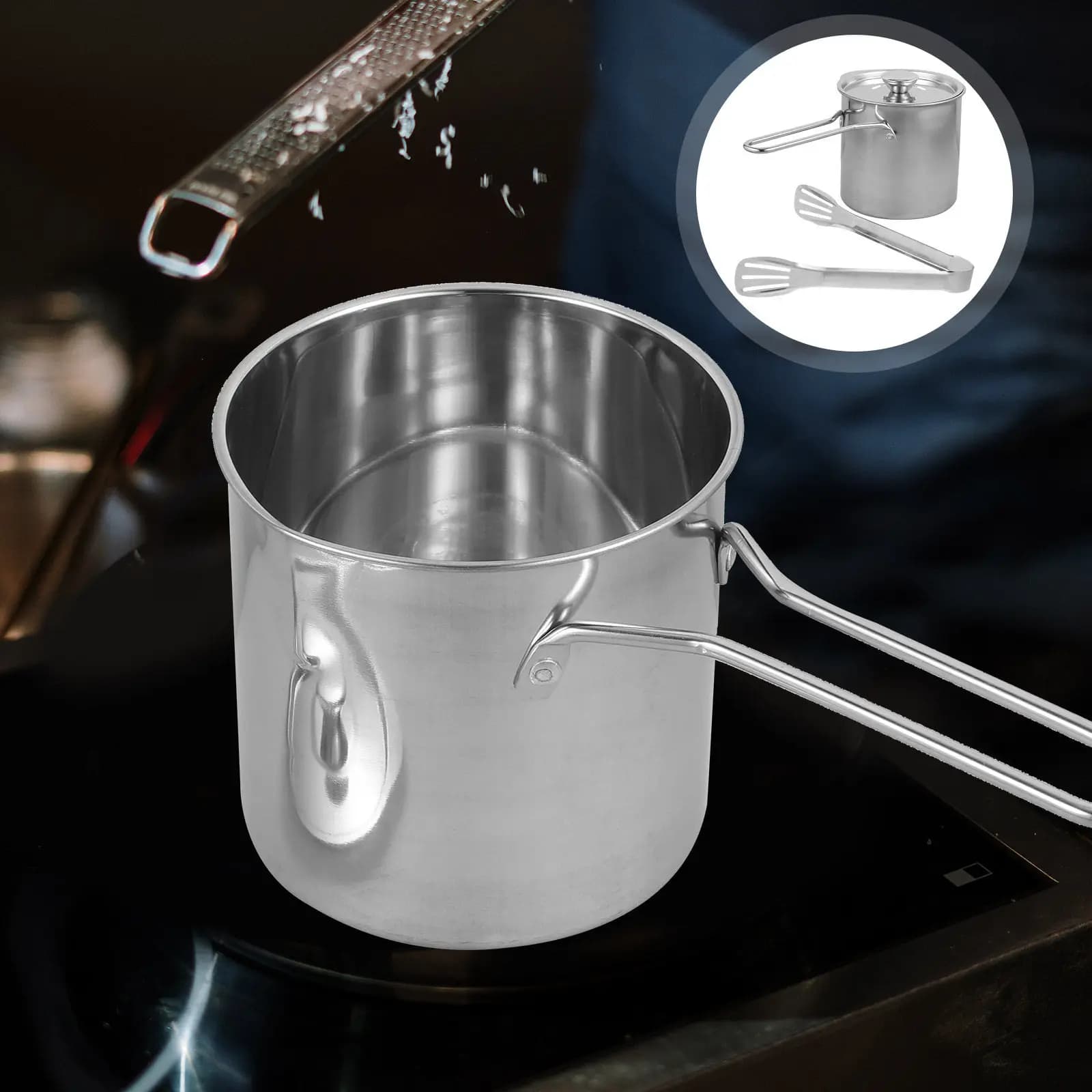 Set da 1 Pezzo: Pentola per Frittura in Acciaio Inossidabile con Manico Antiscivolo, Kit Friggitrice Profonda, Mini Padella da Cucina, Utensile Domestico per Cucinare, Pinze per Alimenti