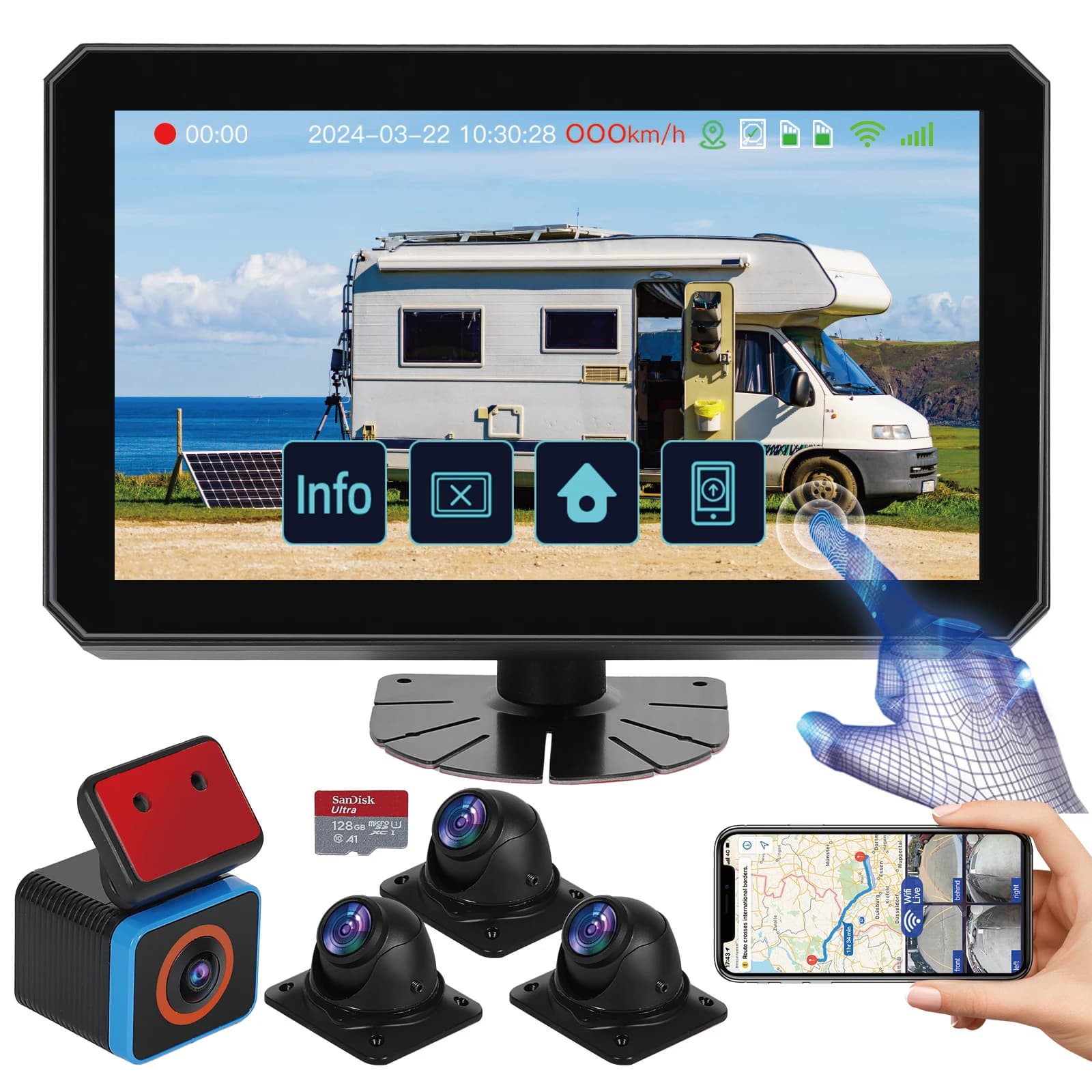 Sistema di Telecamere di Retromarcia per Camper con 6 Canali AI WiFi GPS, Monitor Touch Screen da 10.1 Pollici e 4 Telecamere 1080P, DVR Mobile, Dash Cam, Modalità Sentry