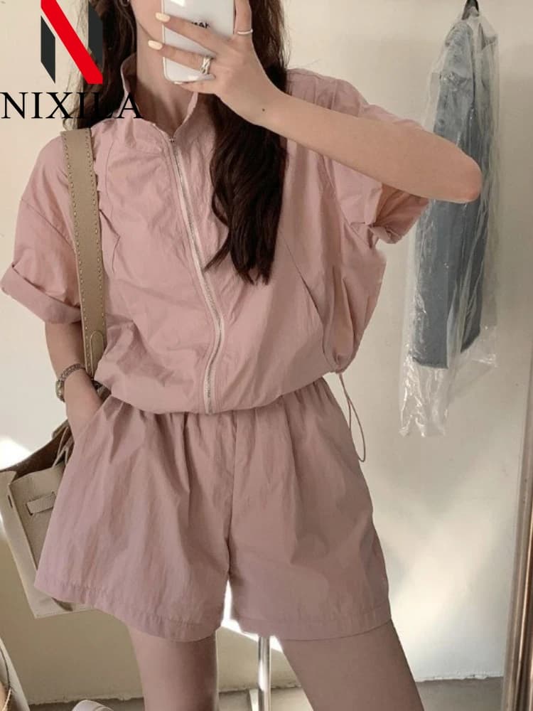 New in Summer Stylish Women's Casual Loose Zipper Neck Pockets Trendy 2-piece Outfit for Fashionable Ladies Short Sets Clothing