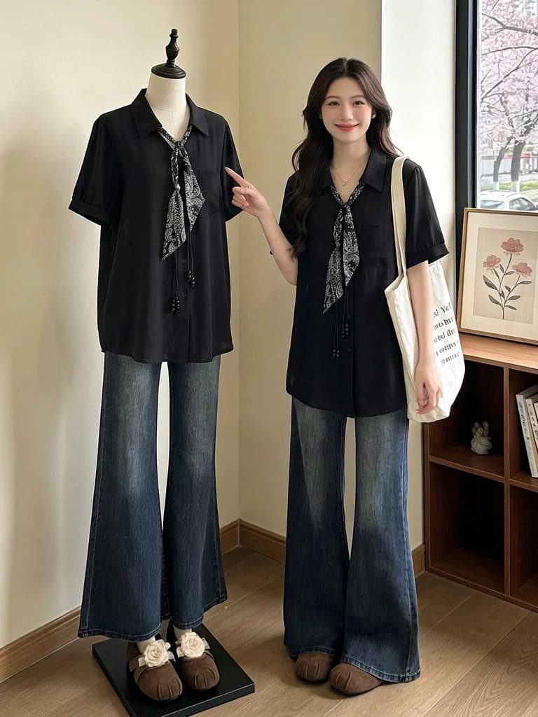 Elegant Black Silk Scarf V-Neck Short Sleeve Shirt Women's plus Size Summer New Style Slimming Top Korean Style Loose Fit