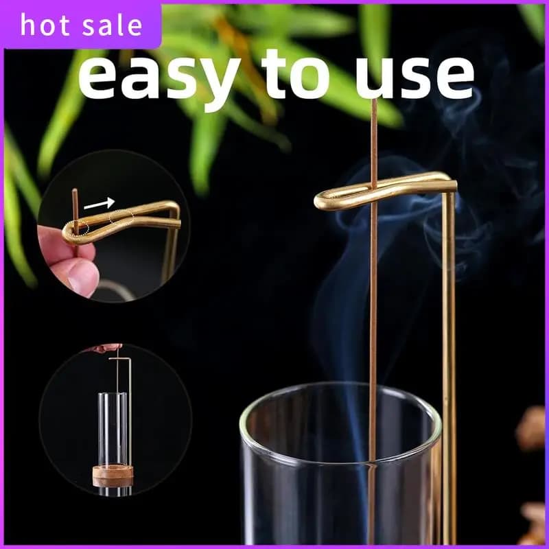 LICG-1Set Bruciatore di incenso volante Vassoio in legno antiscivolo e supporto per bastoncini di incenso in ottone con vetro