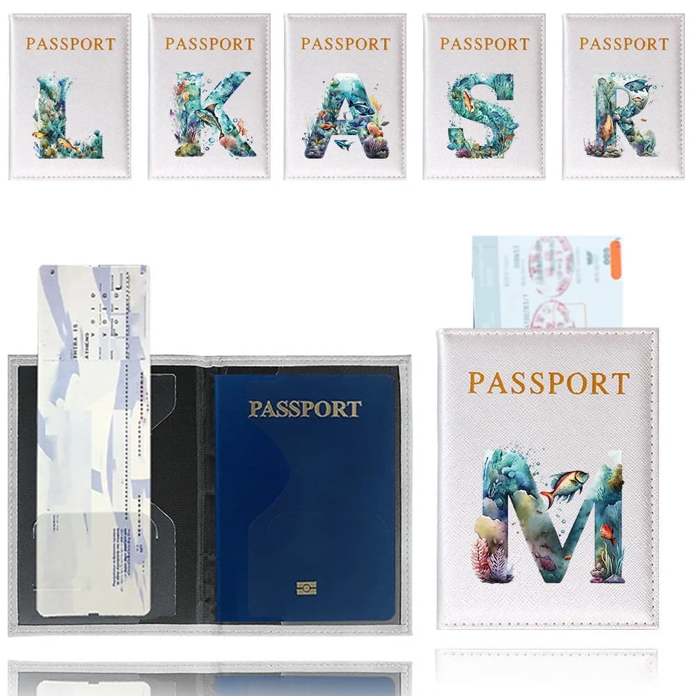 Custodia Protettiva per Passaporto da Viaggio con Stampa a Tema Pesce e Lettere, Porta Passaporto e Carte di Credito/ID