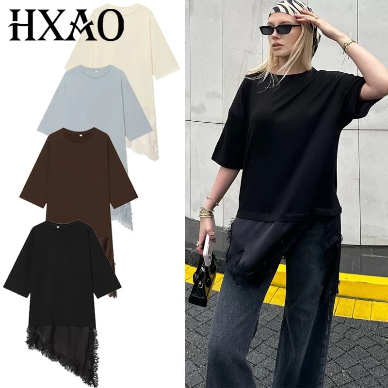 HXAO T-shirt oversize in pizzo Estate Autunno Donna Y2K Off White Top a maniche corte Donna Plus Size T-shirt lunga Chic Streetwear Top