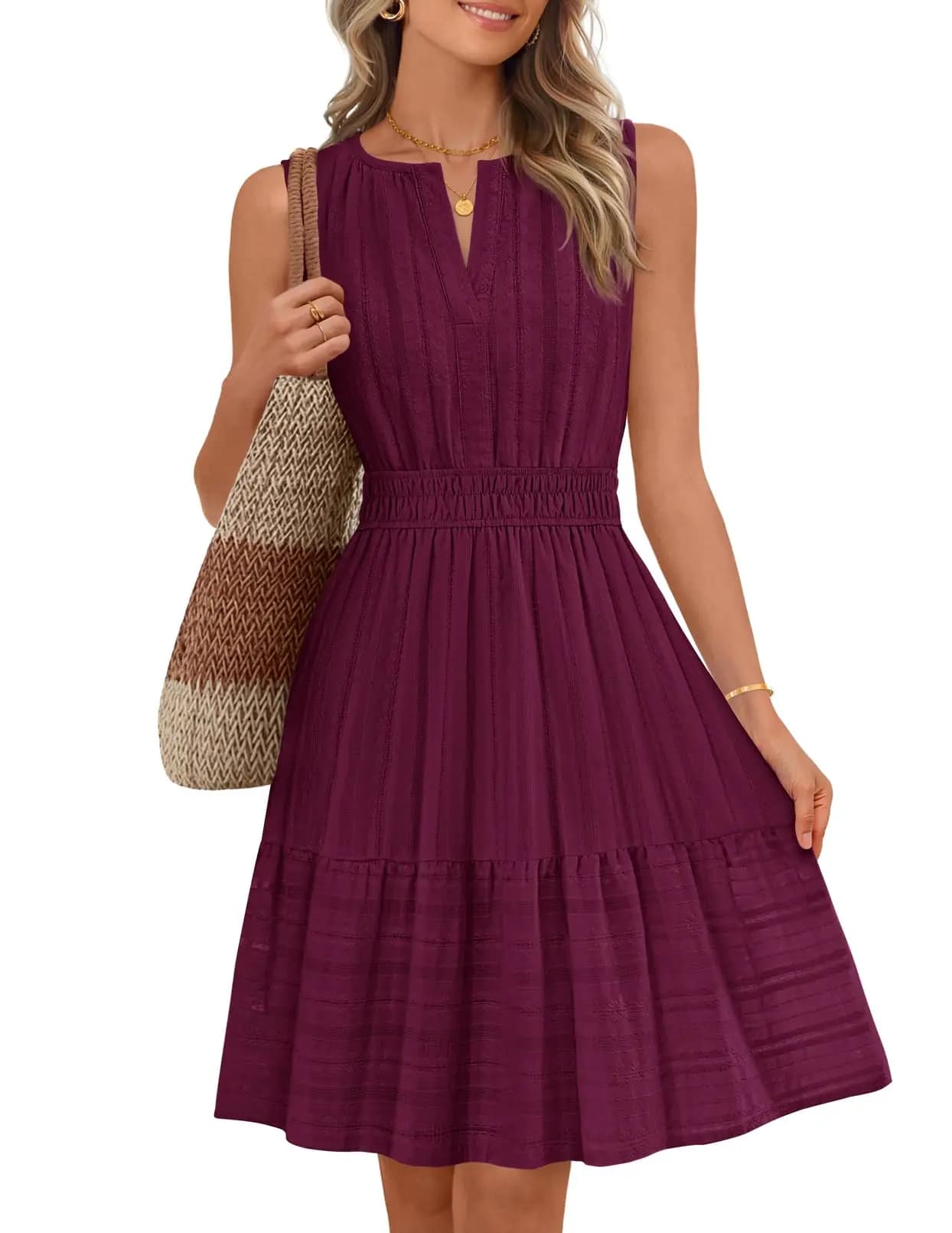 Mini abito estivo da donna senza maniche con scollo a V, linea ad A, con tasche, casual, per vacanze al mare
