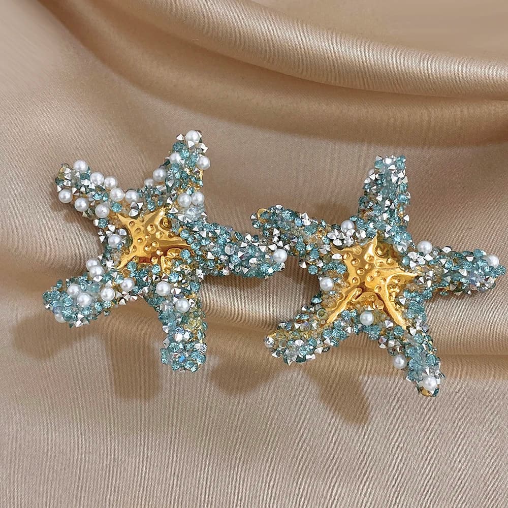 Chic Gold Plated Stainless Steel Stud Earrings for Women Irregular Crystal Seed Bead Fluffy Starfish Big Earrings Beach Jewelry