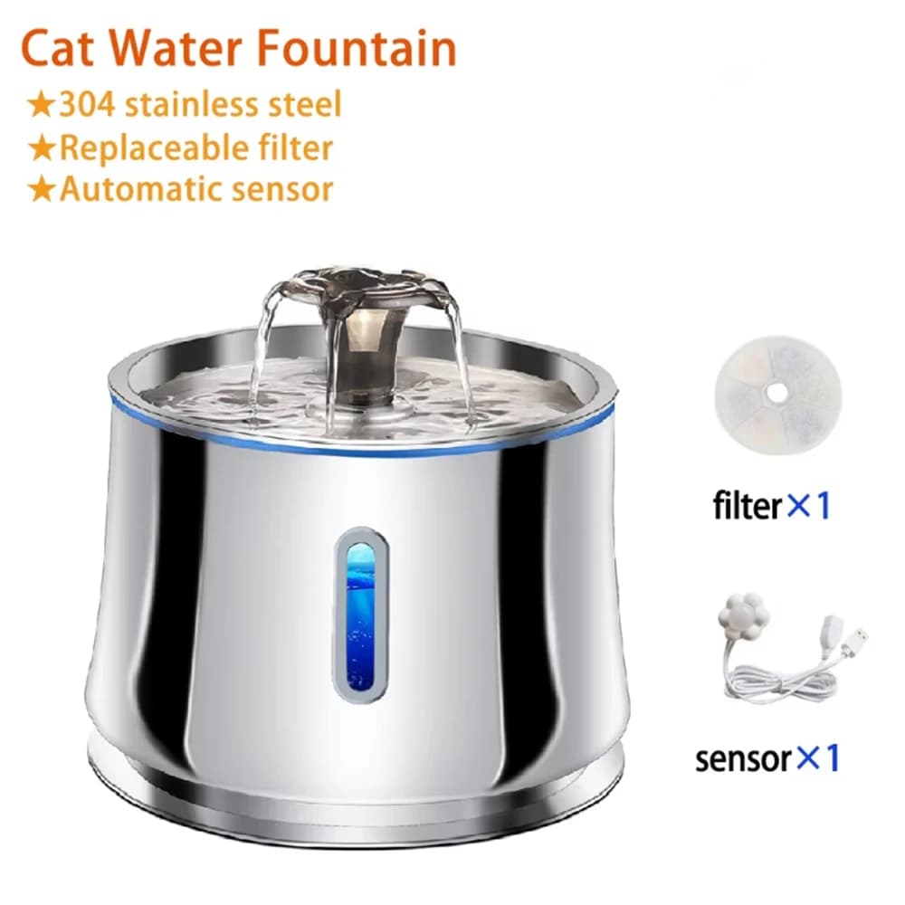 Fontana d'acqua in acciaio inossidabile per gatti, cani, finestra trasparente, fontana per animali domestici con sensore e filtro, distributore d'acqua muto per gatti
