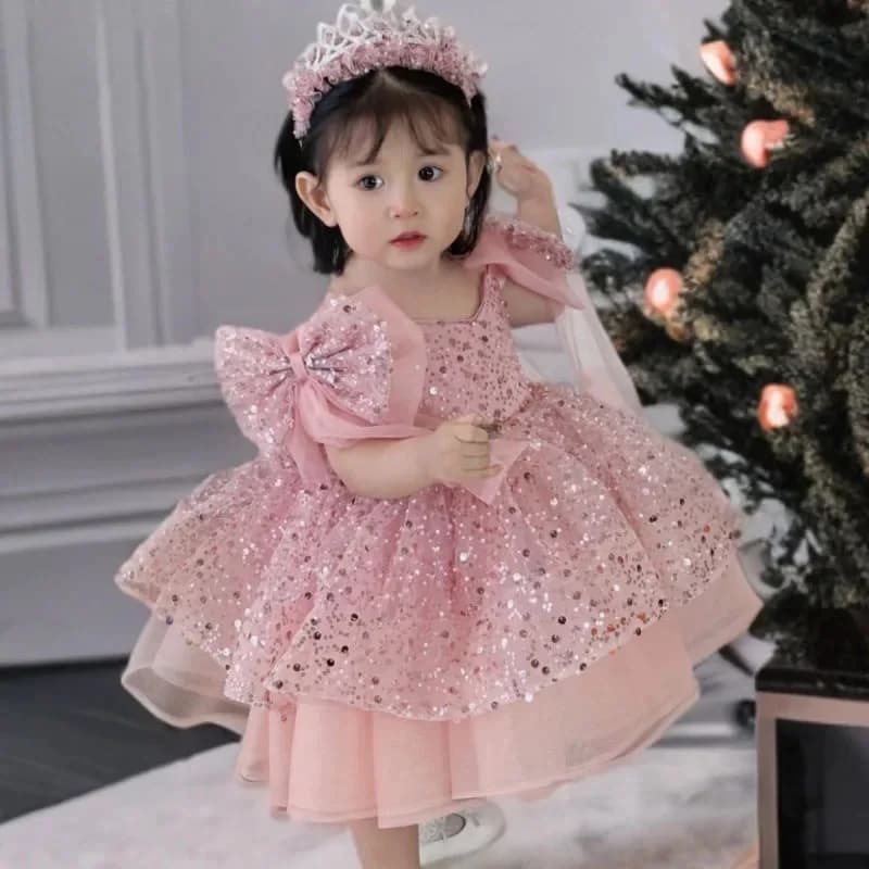 Abiti da ragazza di fiore rosa per matrimonio Paillettes personalizzate con fiocco in tulle Abiti da festa di compleanno per bambini a strati gonfi Prima comunione