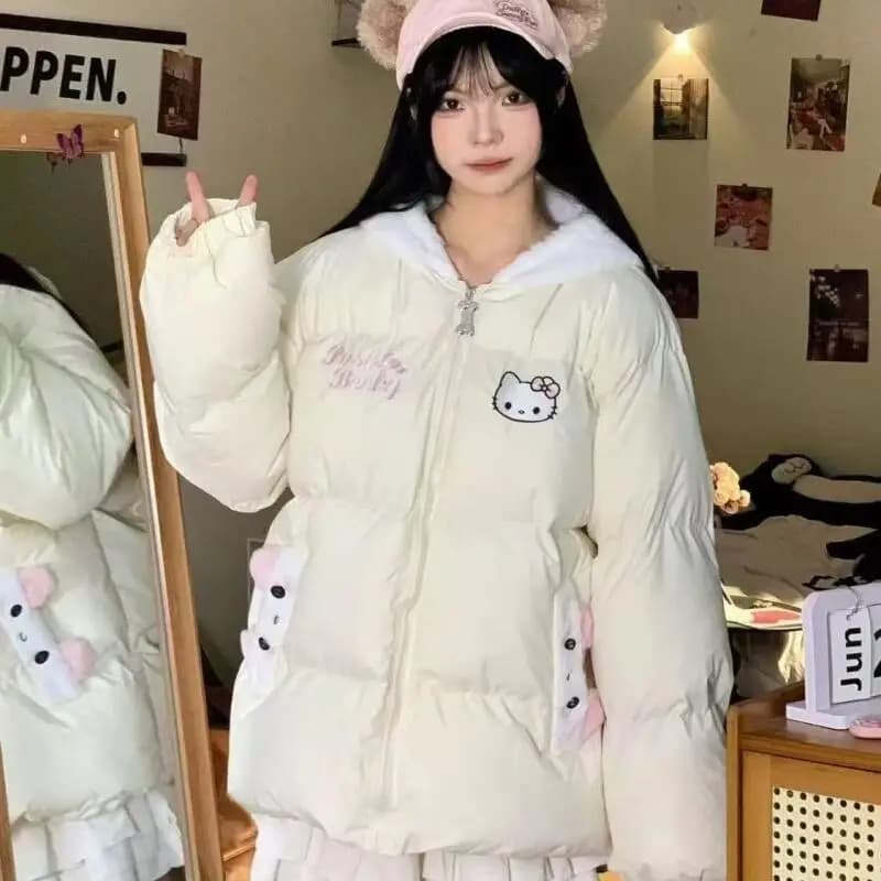 Giacca Invernale Anime Hello Kitty, Cappotto Imbottito in Cotone con Ricami, Giacca con Cappuccio Calda e Comoda per Ragazze