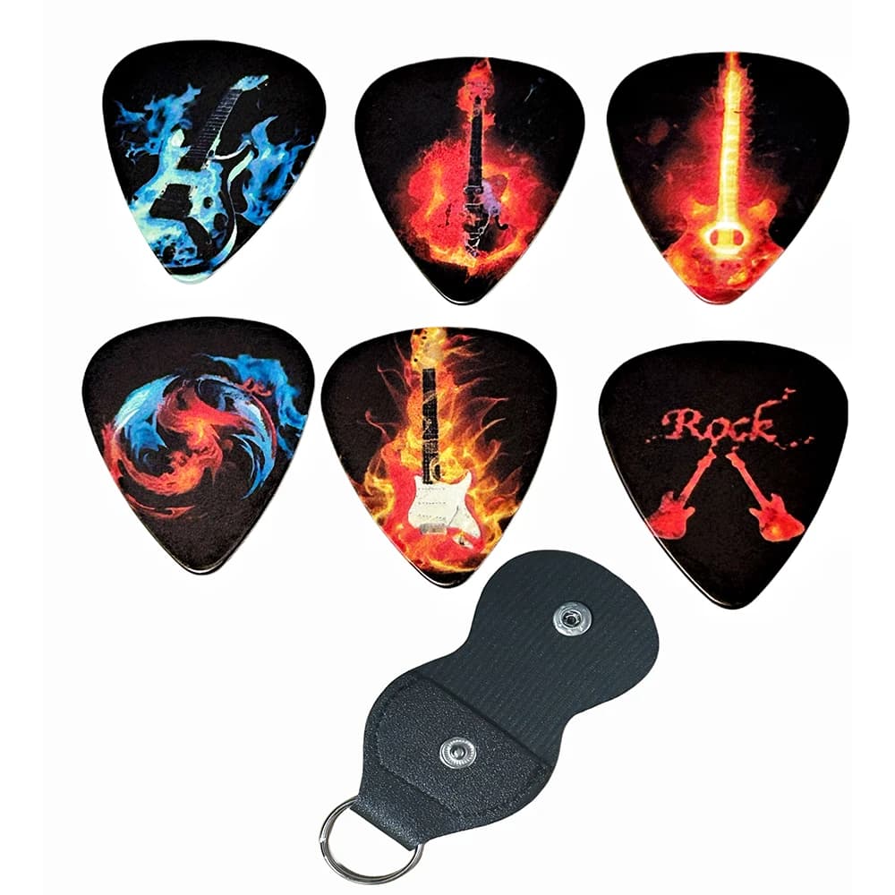 Plettri per chitarra in PVC da 6 pezzi con set di borse per il trasporto in PU, stampa fronte-retro, per ukulele, chitarra elettrica, acustica, regalo ideale