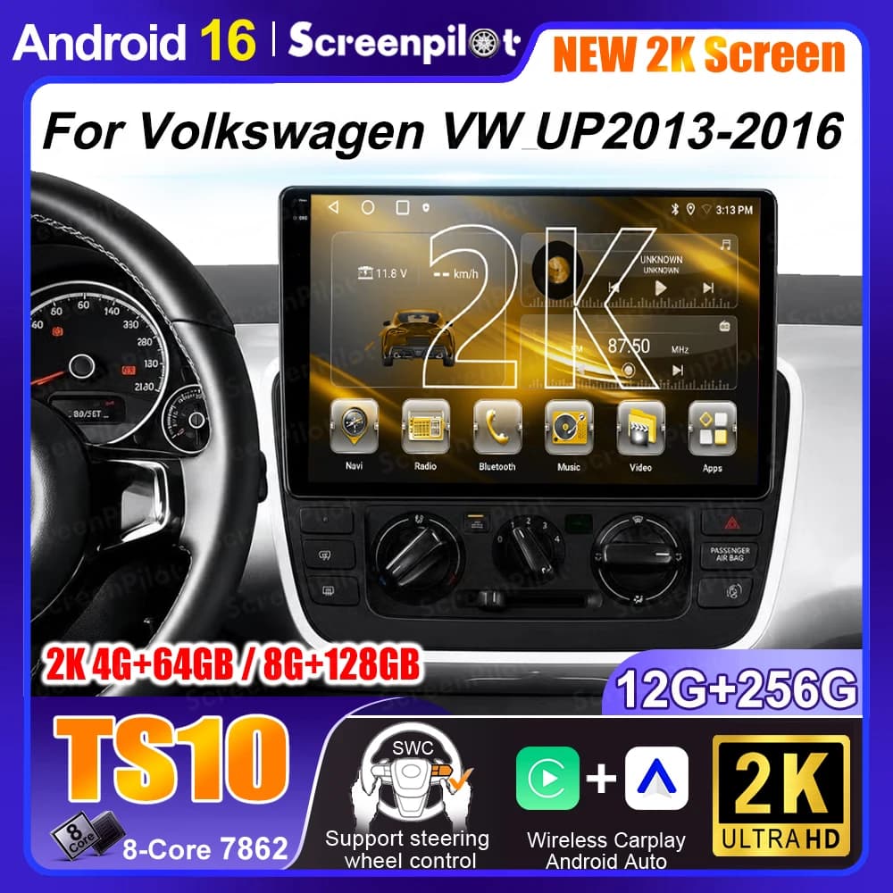 10'' For Volkswagen VW UP 2013 2014 2015 2016 Android16 Multimedia Radio Android Auto CarPlay GPS Navigation 5G WiFi RDS 8 Core