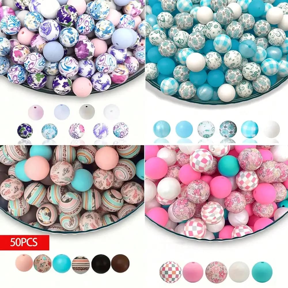 Combinazione di 50 perline colorate in silicone, adatte per gioielli fai da te, braccialetti, collane, portachiavi, penne con perline e altro.