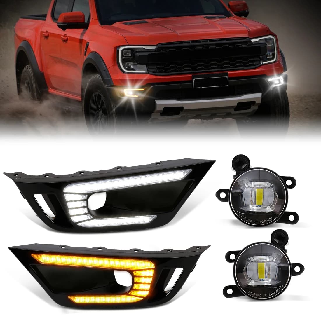 For Ford Ranger Raptor 2022 Auto LED White Daylight DRL Yellow Direction indicator Fog lamp Front bumper Guide 12V