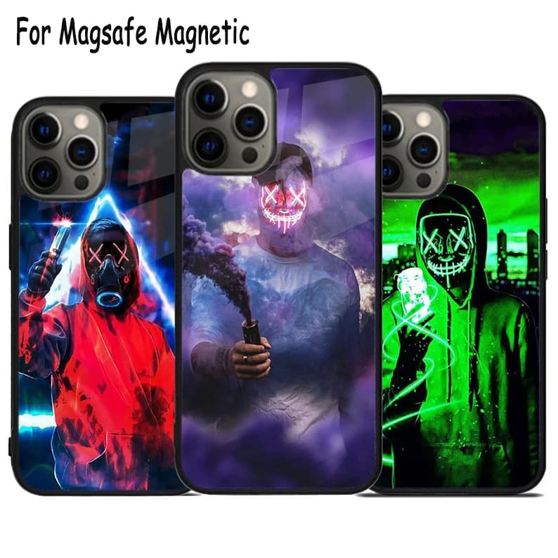Cover Magnetica Wireless Magsafe per iPhone 17 Air 15 16 16e 14 13 11 12 Pro Max Plus con Design Spaventoso Maschera Purge Horror