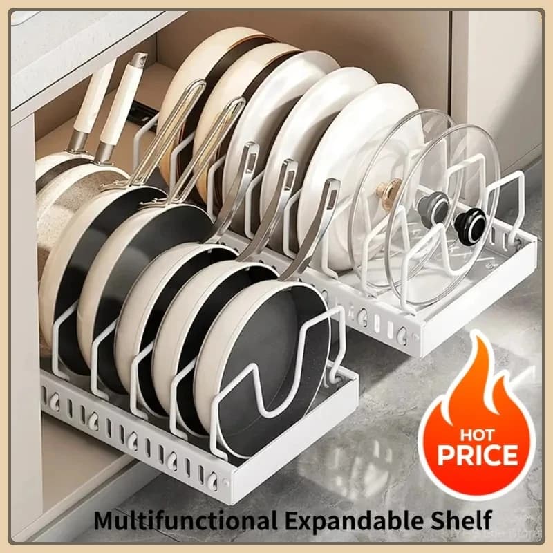 Portaoggetti estraibile multifunzionale per cucina, molto venduto, con porta pentole/padelle scorrevole, porta spezie e cassetto porta ciotole e piatti