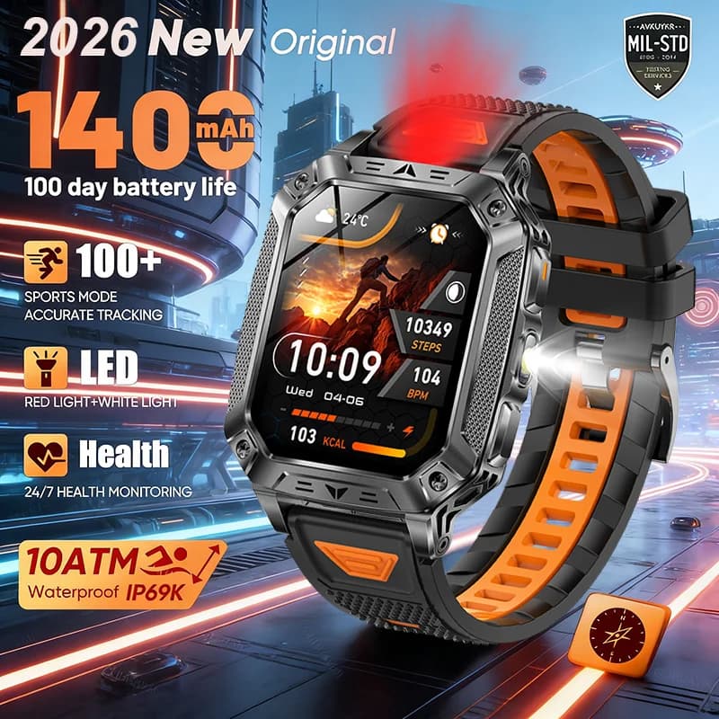 Nuovo Smartwatch Militare da Esterno 2026 IP69K Impermeabile per Uomo con GPS, Torcia, Chiamata Bluetooth, 1400mAh, 100+ Sport e Fitness