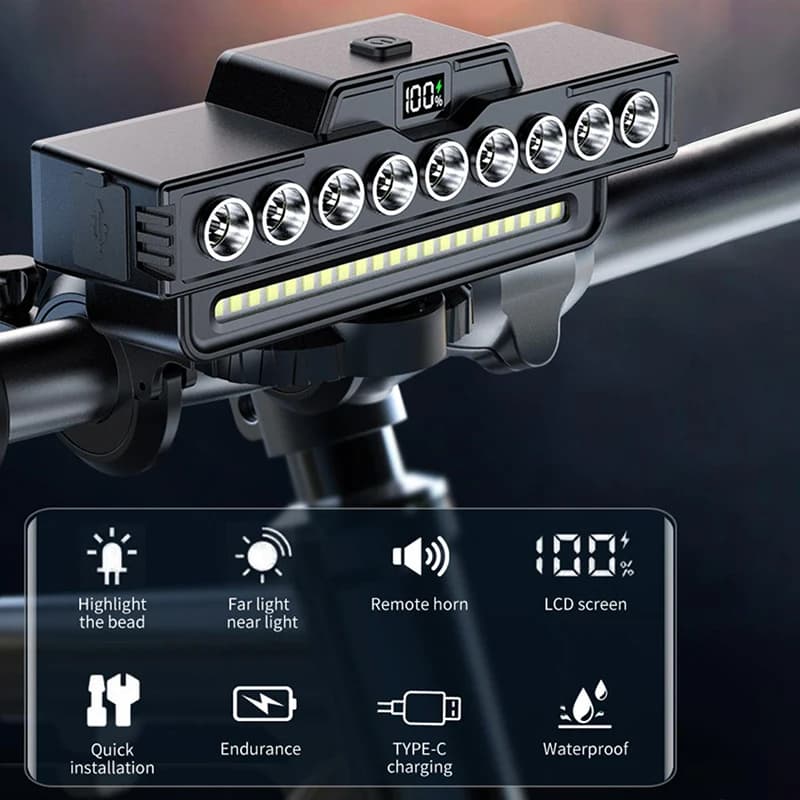 9 LED Mountain Bike Night Driving Equipment Headlights with Clacson Strong Light Long Shooting USB Charging Model Easy to Install