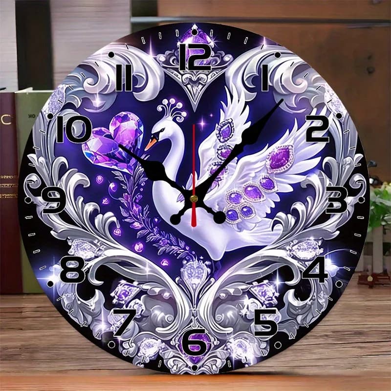 Silent flat clock Wooden round Frameless, peacock and precious stones - 10 inch wall clock - Batteries not included - Ideal