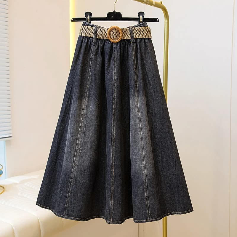 plus Size Women's Slimming Vintage A-Line Denim Skirt Mid-Length Cover-Up Summer New Style High Waist Casual Artistic Skirt
