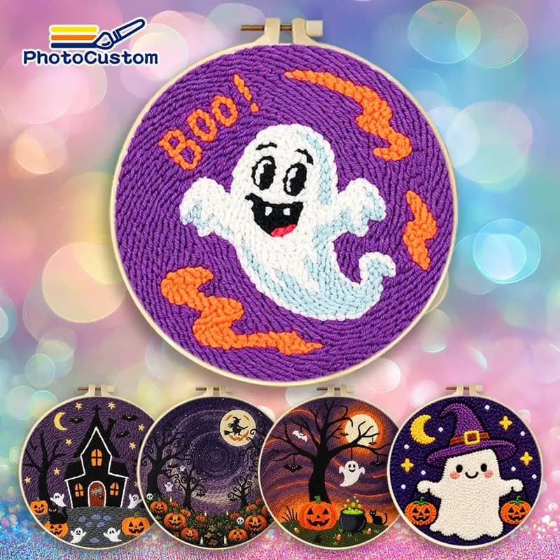 PhotoCustom Cute Ghost Punch Needle Embroidery Handiwork Art Beginner Embroidery Kit Halloween Punch Embroidery Needles Personal