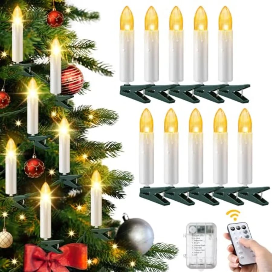 Christmas Tree Clip on Flameless LED Candle String Lights, White Candle with Clips and Remote Control and 8 Modes and Timer, Ba