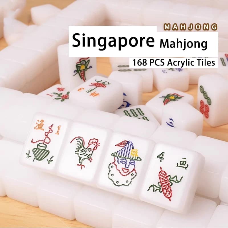 Set Mahjong Singapore da 168 pezzi, piastrelle Mahjong lucide a mano per uso domestico in acrilico di lusso da 37 mm, squisito gioco da tavolo Mahjong in scatola di legno