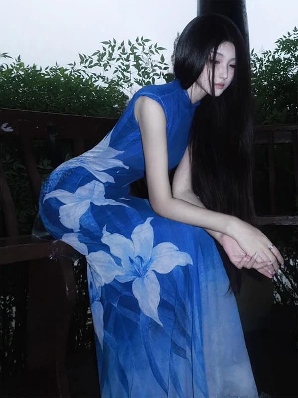 New Chinese Style Floral Print Mesh Women's Dress Slimming Wrap Body Flag Dress Long Skirt High Waist Spring Summer Autumn