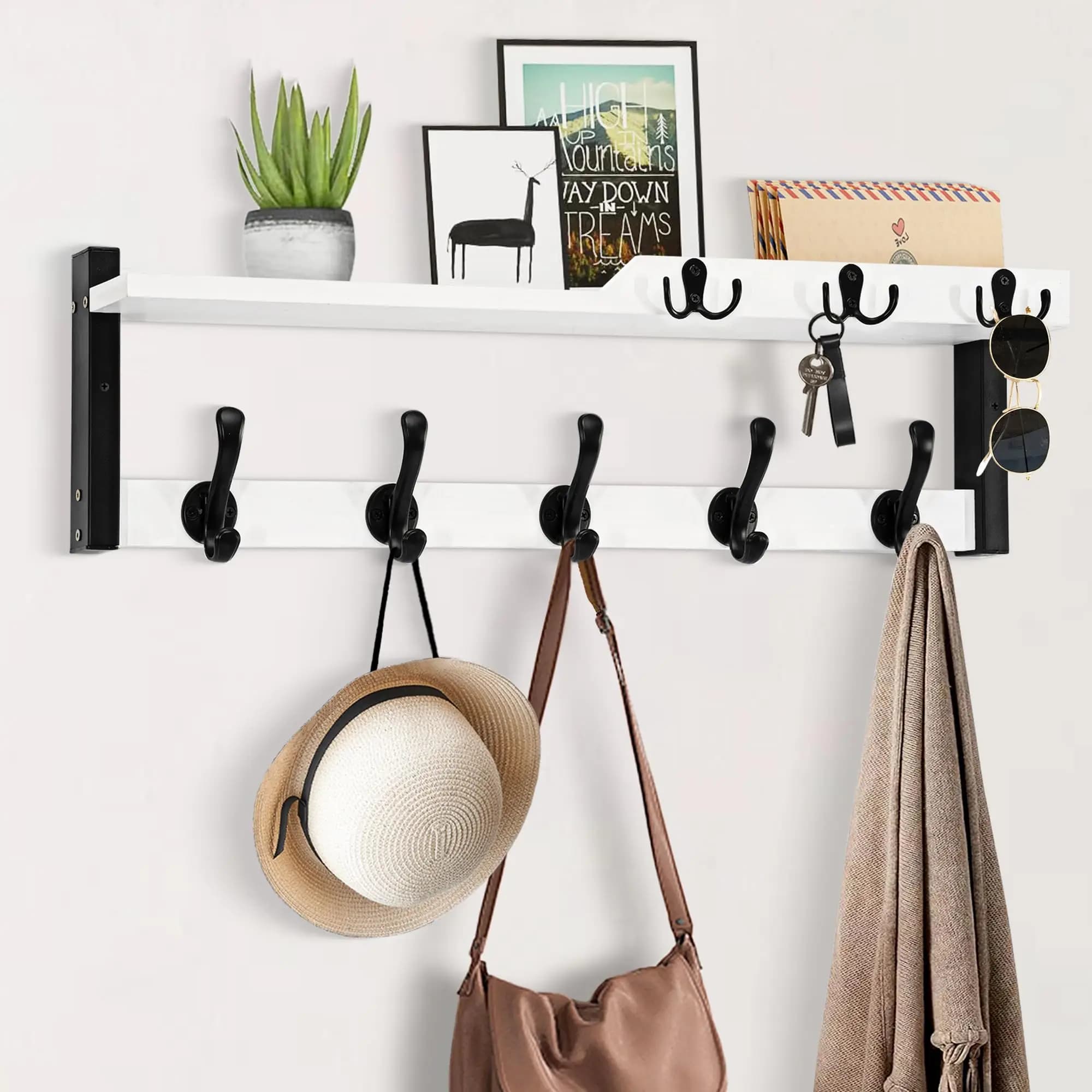 White Wall-Mounted Entryway Organizer With Shelf, Eight Black Hooks For Coats, Hats, Bags, Keys, And Mail Storage