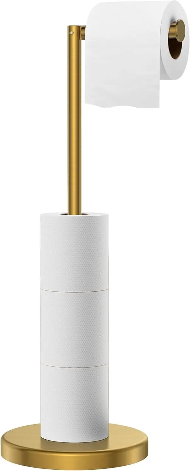 Moderno supporto per carta igienica indipendente, acciaio inossidabile resistente con base ponderata, contiene 4 rotoli in oro spazzolato