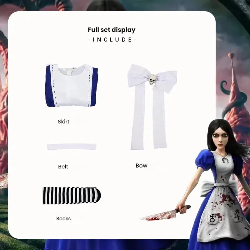 Anime Alice Madness Cameriera Grembiule Abito Calzini Gioco Madness Returns Alice Costume Cosplay per Donne Ragazze Cosplay Festa di Halloween