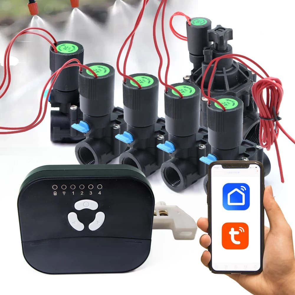 Tubo da giardino Elettrovalvola Controller Sistema di irrigazione per serra da prato Controllo vocale remoto wireless a 4 zone Temporizzatori intelligenti per l'acqua