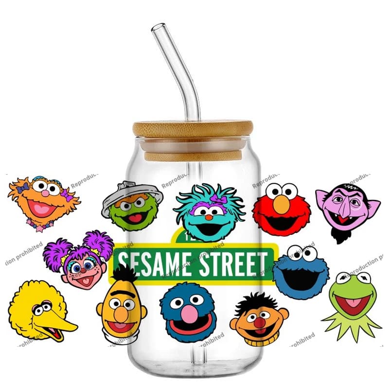 New 15 Popular Design Cartoons TV Sesame Street, Elmo and Bert, 16oz UV DTF Wall decals for Glasses, Cups, Fai-da-Te Decorations and Gifts