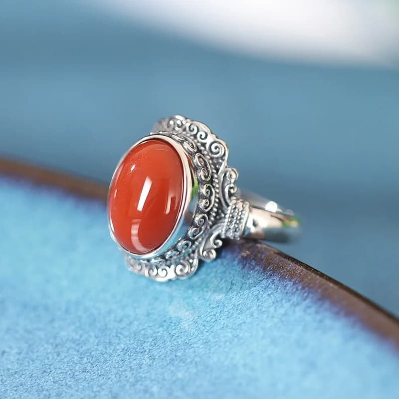 Elegant Silver Ring for Women South Red Court Style Thick Finger Ring Fashionable Retro National Style Suitable for All Fingers