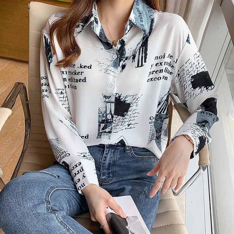 Camicia camicetta con stampa di lettere a maniche lunghe casual comfort stile coreano per abbigliamento da ufficio da donna Baju