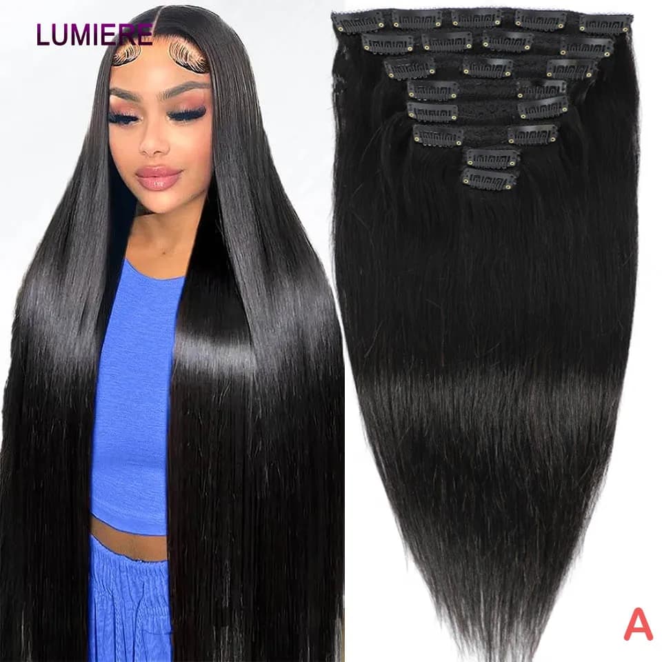 Straight clip for bone in hair extensions 100% real virgin raw clip in human hair extensions 8 pieces Double texture of hair wholesale